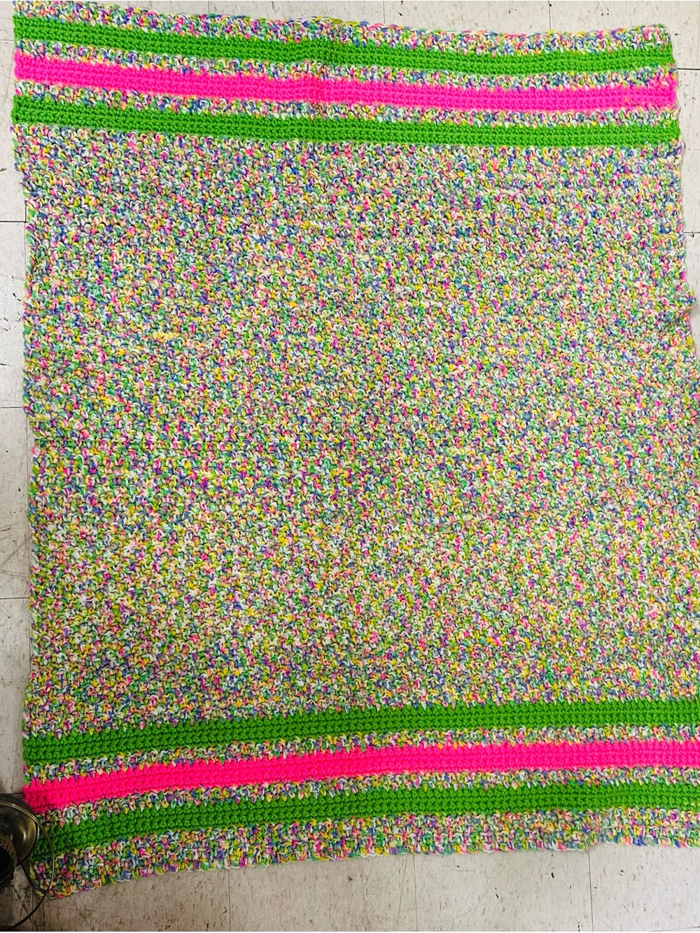 Multicolor Crocheted Throw Blanket with Pink and Green Stripes